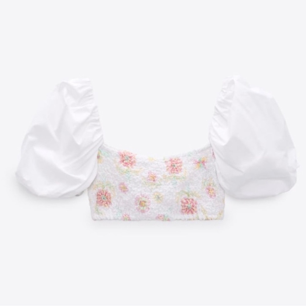 NWT ZARA White Floral Balloon Sleeve Boho crop top size XL - Picture 2 of 7